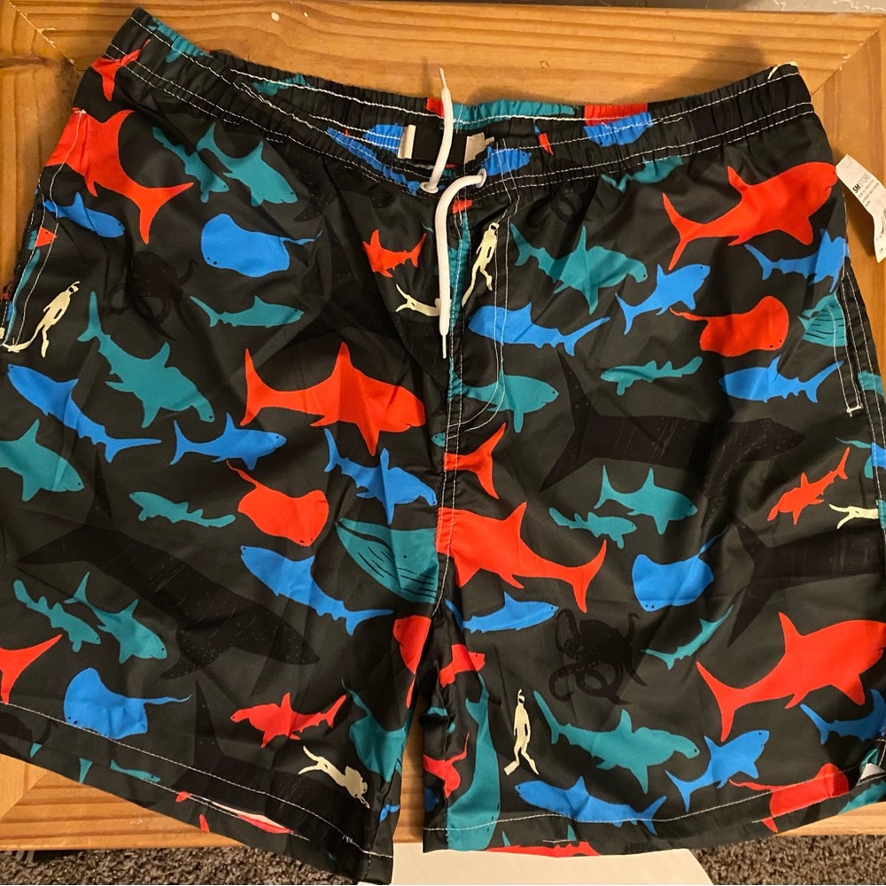 Men’s XL Swim Trunks - Fun Multi Colored Shark Pattern